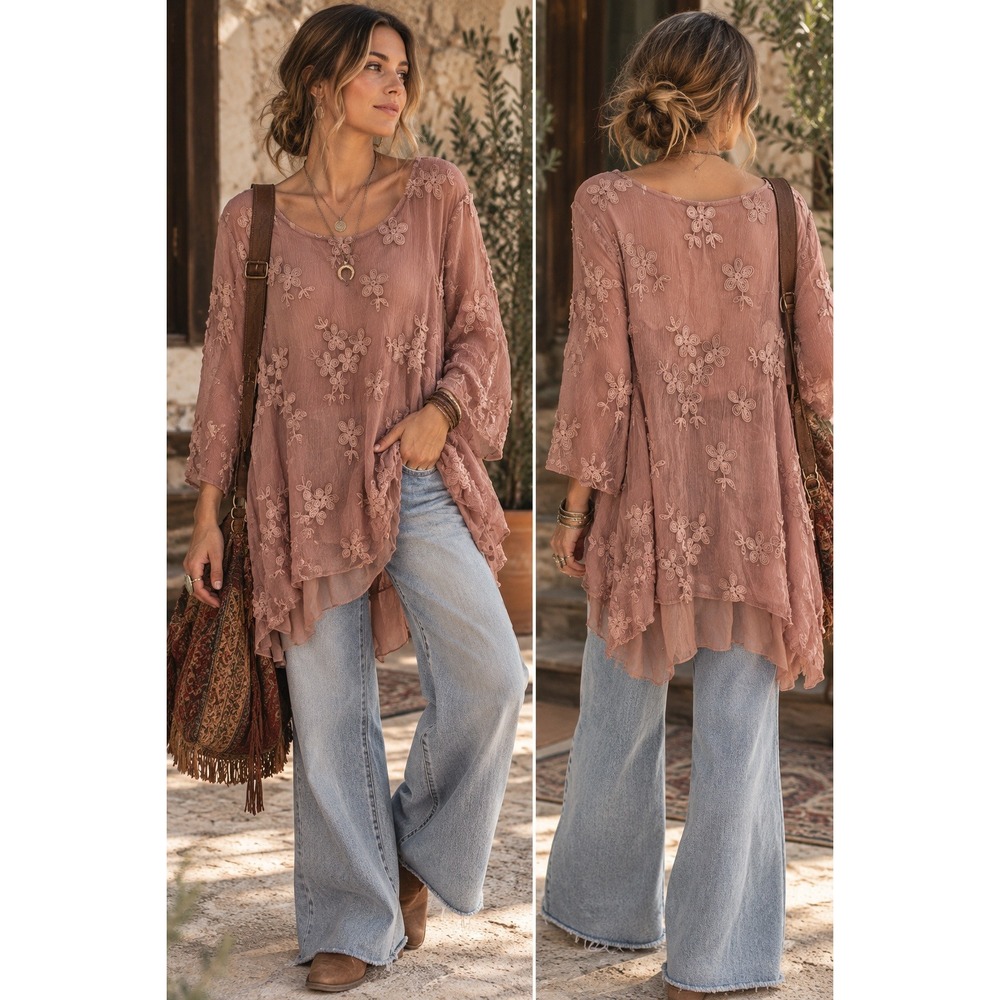 Mauve Embroidered Sheer Tunic Top Lagenlook Boho Romantic Floral Layered 2XL